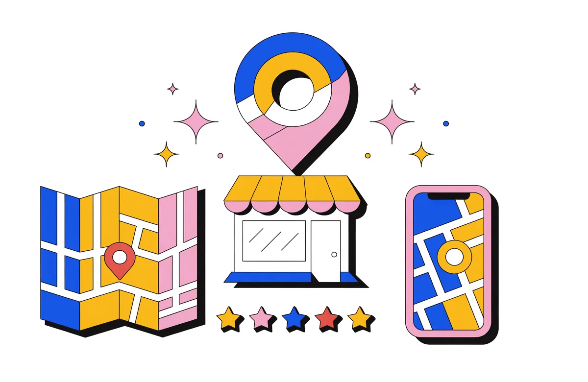 איור של סיכת מפה גדולה מעל חזית חנות קטנה, מפת עיר מקופלת, שורת חמישה כוכבי דירוג וטלפון שמציג מפה
